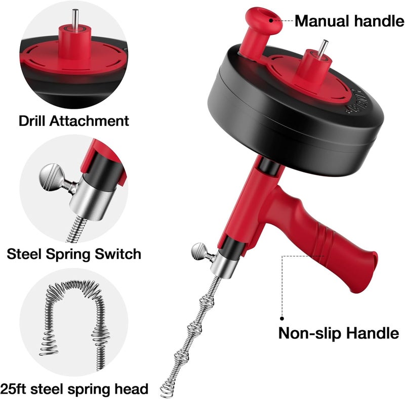 KINGLEV Drain Snake, 25ft Flexible Steel Drain Auger With Drill Adapter, Plumbing Unblocking Hand Auger, Manual Or Powered for Shower & Bathtub Clogs-No auto retract or feed - Image 2